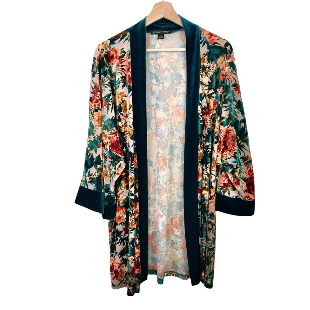 Always Indigo Boho Velvet Burnout Floral Sheer Open Front Kimono 2X